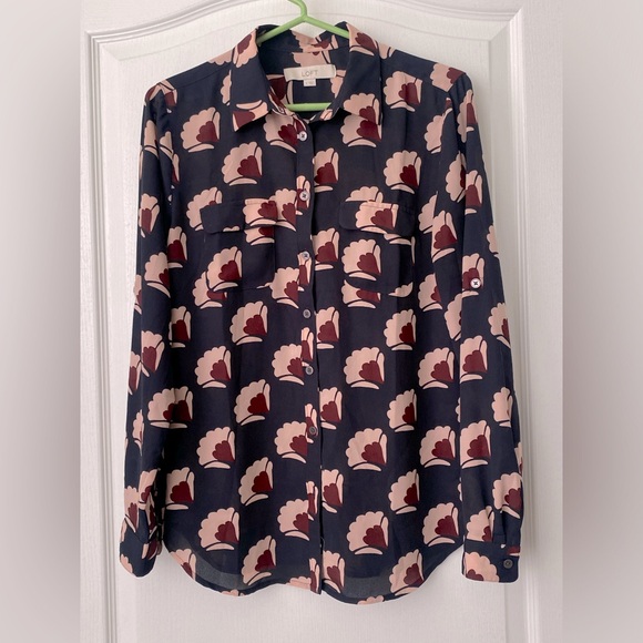 Loft by Ann Taylor. Size Small. Long sleeve blouse. Navy blue and pink - Picture 1 of 4